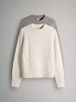 The Set Cream/Light Brown Marl 2 Pack Knitted Cable Jumpers With Wool