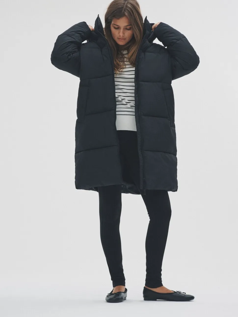 The Set Hooded Longline Padded Midi Coat Black