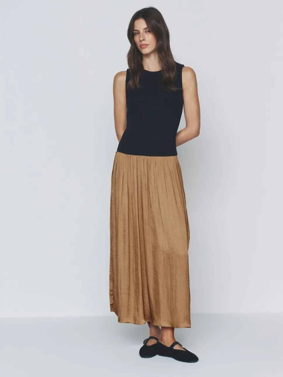 The Set Jersey Satin Mix Dress Brown