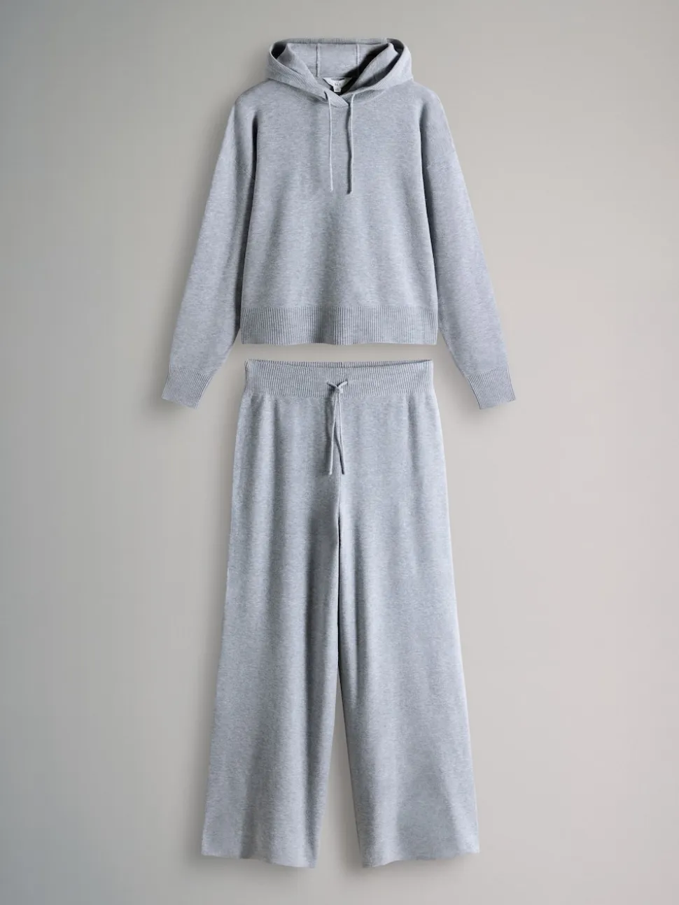 The Set Knitted Ribbed Hoodie and Wide Leg Trouser Co-ord Light Grey Marl