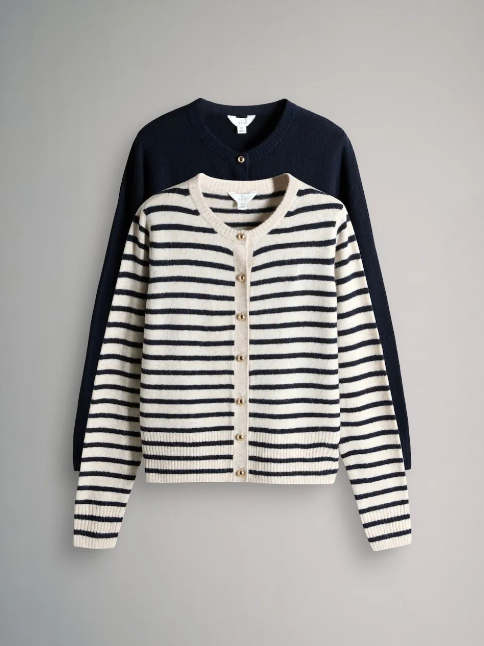 The Set Navy/Cream Stripe 2 Pack Gold Button Knitted Cardigans With Wool