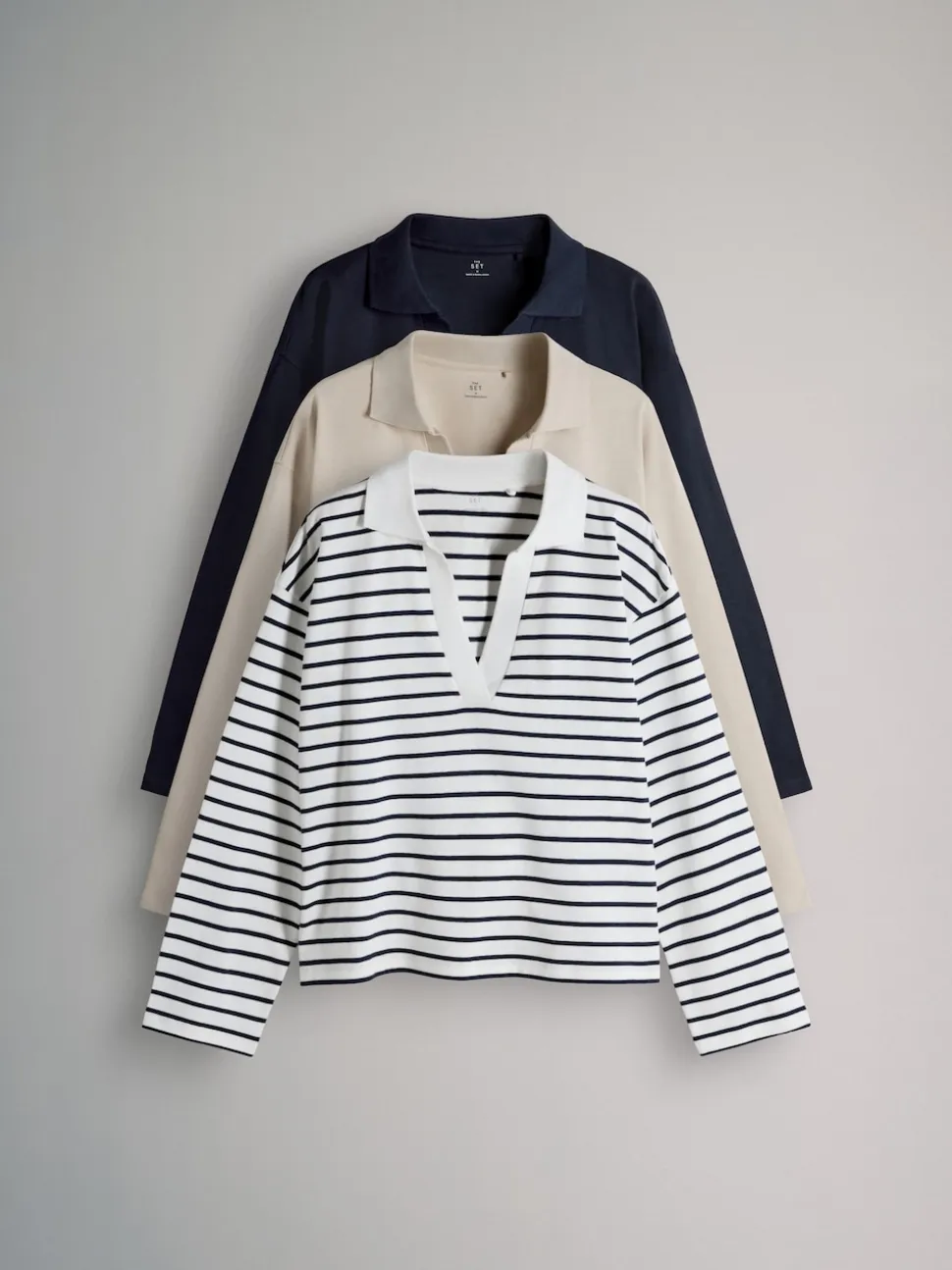 The Set Navy/Stone/Stripe 3 Pack Long Sleeve Heavyweight Rugby T-Shirts