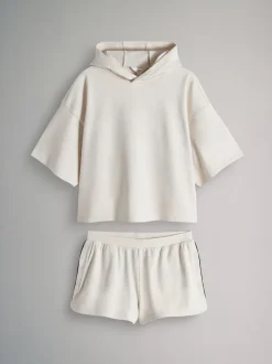 The Set Soft Touch Ribbed Sweat Hoodie And Shorts Set Cream