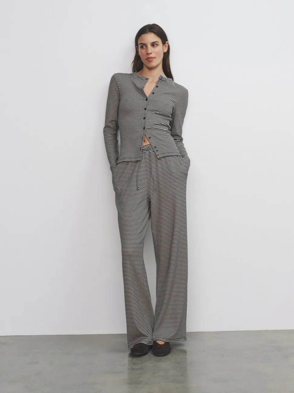 The Set Stripe 2 Pack Button Through Long Sleeve Top and Drawstring Trousers Co-Ord Set