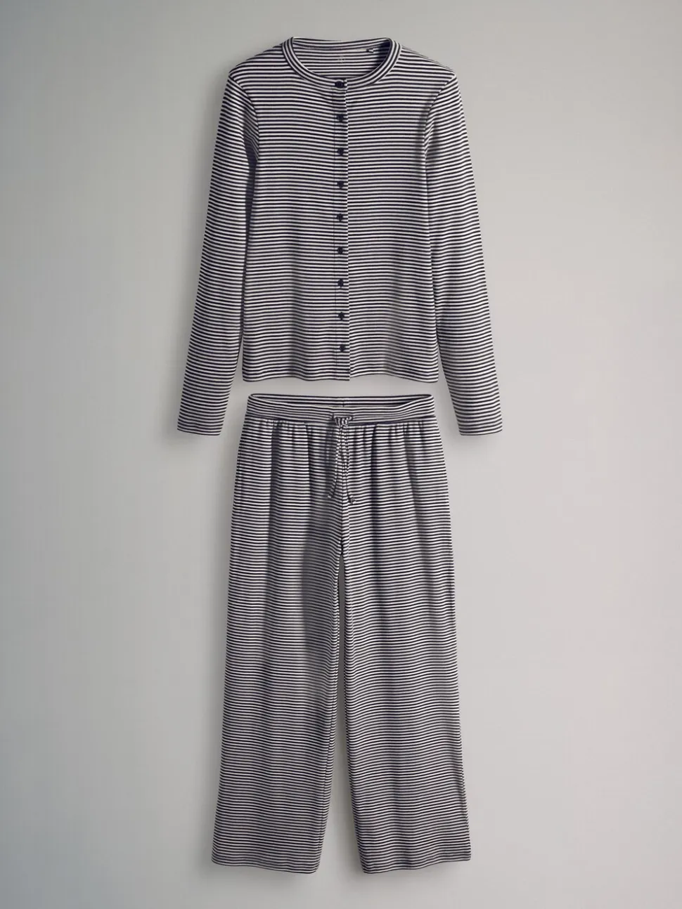 The Set Stripe 2 Pack Button Through Long Sleeve Top and Drawstring Trousers Co-Ord Set