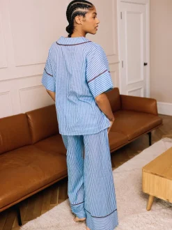 Their Nibs Blue Skinny Stripe Cotton Voile Oversized Long Pyjamas Set