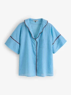 Their Nibs Blue Skinny Stripe Cotton Voile Oversized Long Pyjamas Set