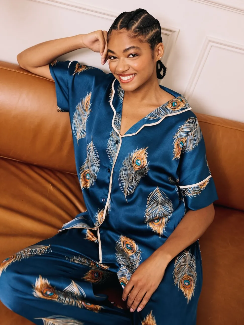 Their Nibs Navy Blue Gold Peacock Satin Oversized Long Pyjamas Set