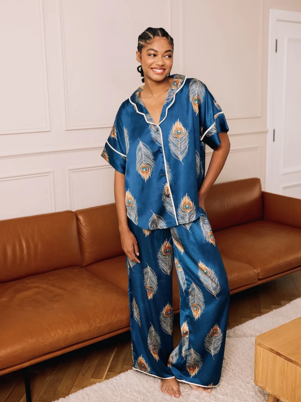 Their Nibs Navy Blue Gold Peacock Satin Oversized Long Pyjamas Set
