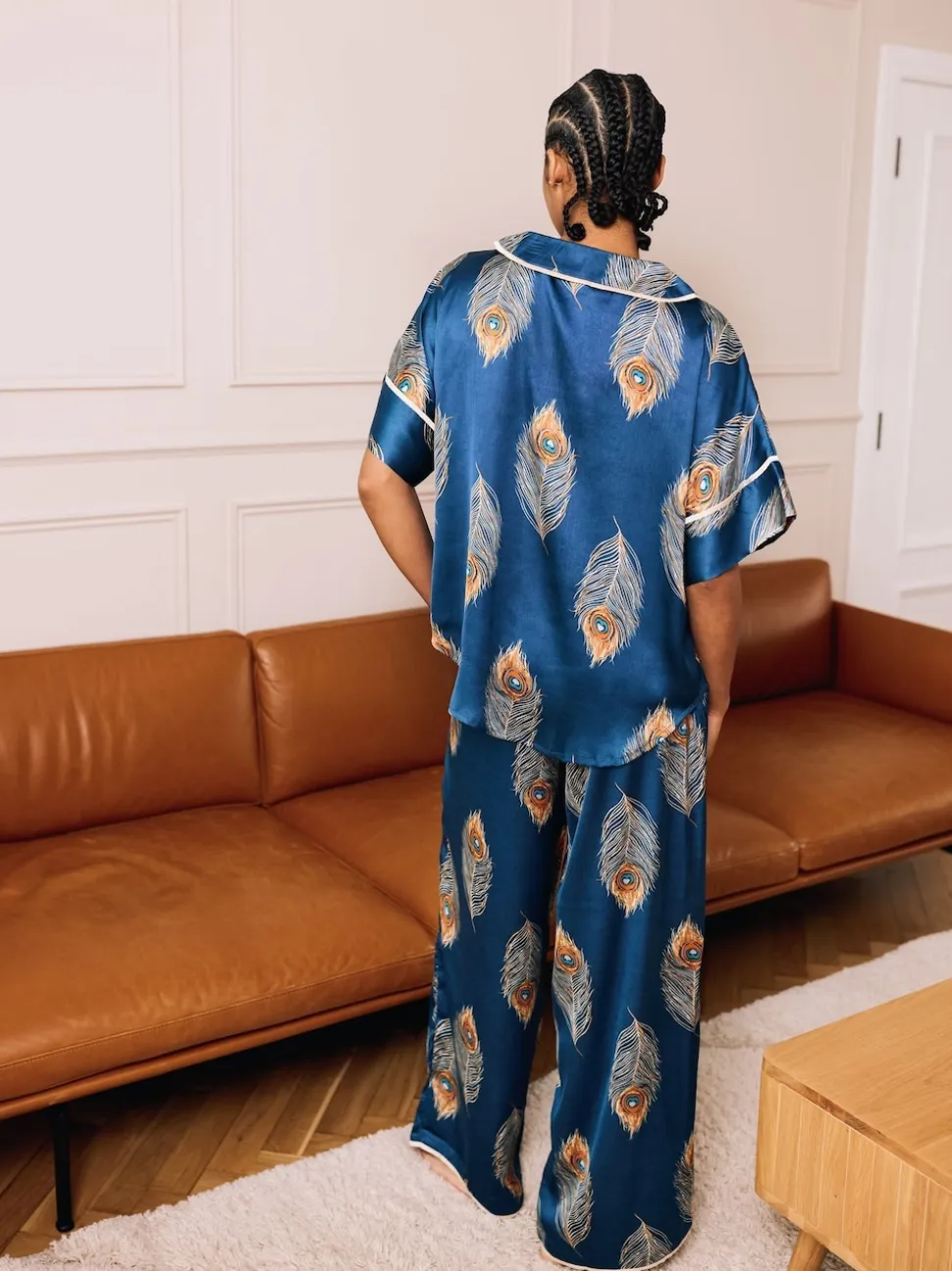 Their Nibs Navy Blue Gold Peacock Satin Oversized Long Pyjamas Set