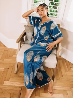 Their Nibs Navy Blue Gold Peacock Satin Oversized Long Pyjamas Set