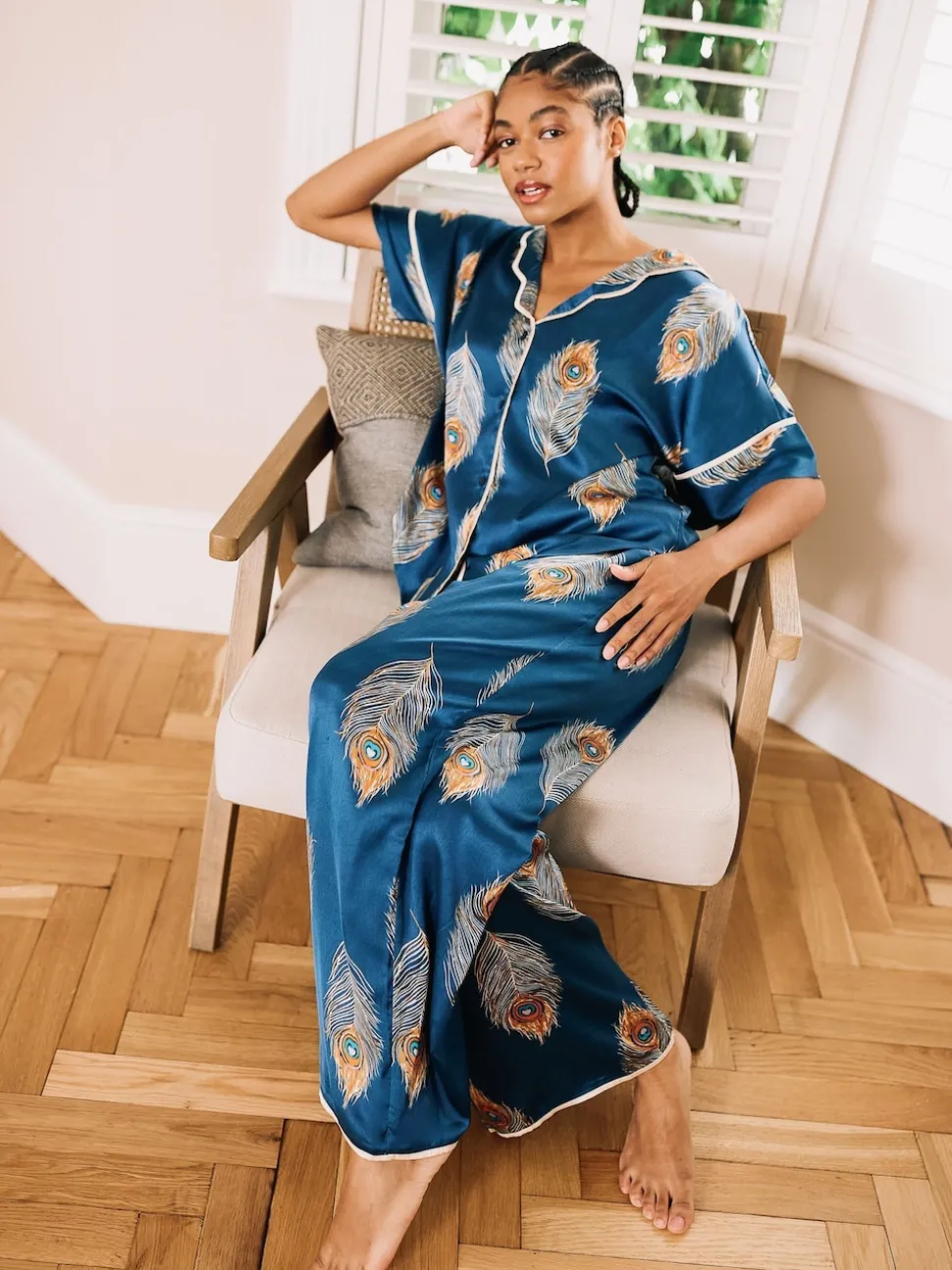 Their Nibs Navy Blue Gold Peacock Satin Oversized Long Pyjamas Set