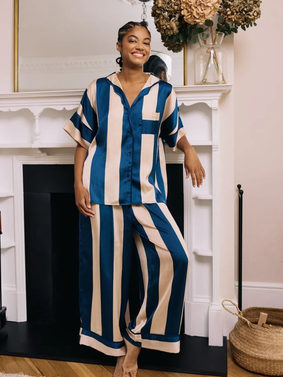 Their Nibs Navy Blue Stripe Satin Oversized Long Pyjamas Set