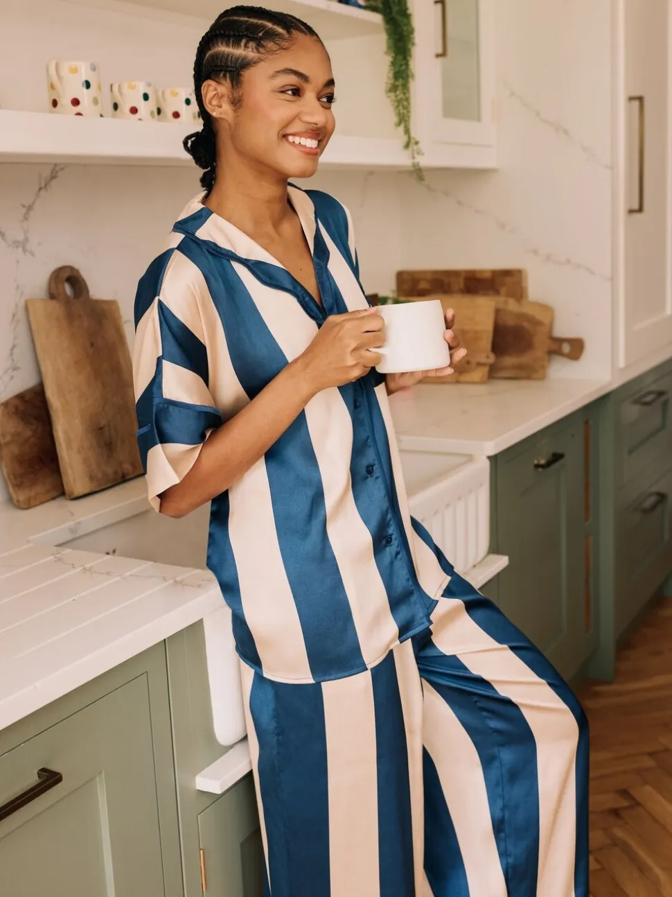 Their Nibs Navy Blue Stripe Satin Oversized Long Pyjamas Set