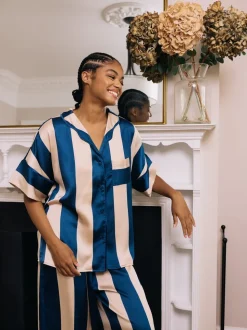 Their Nibs Navy Blue Stripe Satin Oversized Long Pyjamas Set