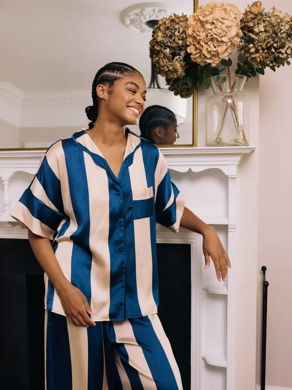 Their Nibs Navy Blue Stripe Satin Oversized Long Pyjamas Set