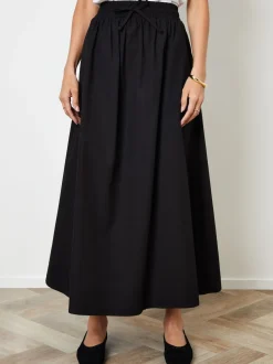 Threadbare Black Cotton Poplin Tie Waist Skirt with Pockets