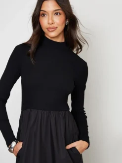 Threadbare Black High Neck 2 In 1 Jersey Poplin Mix Mini Dress