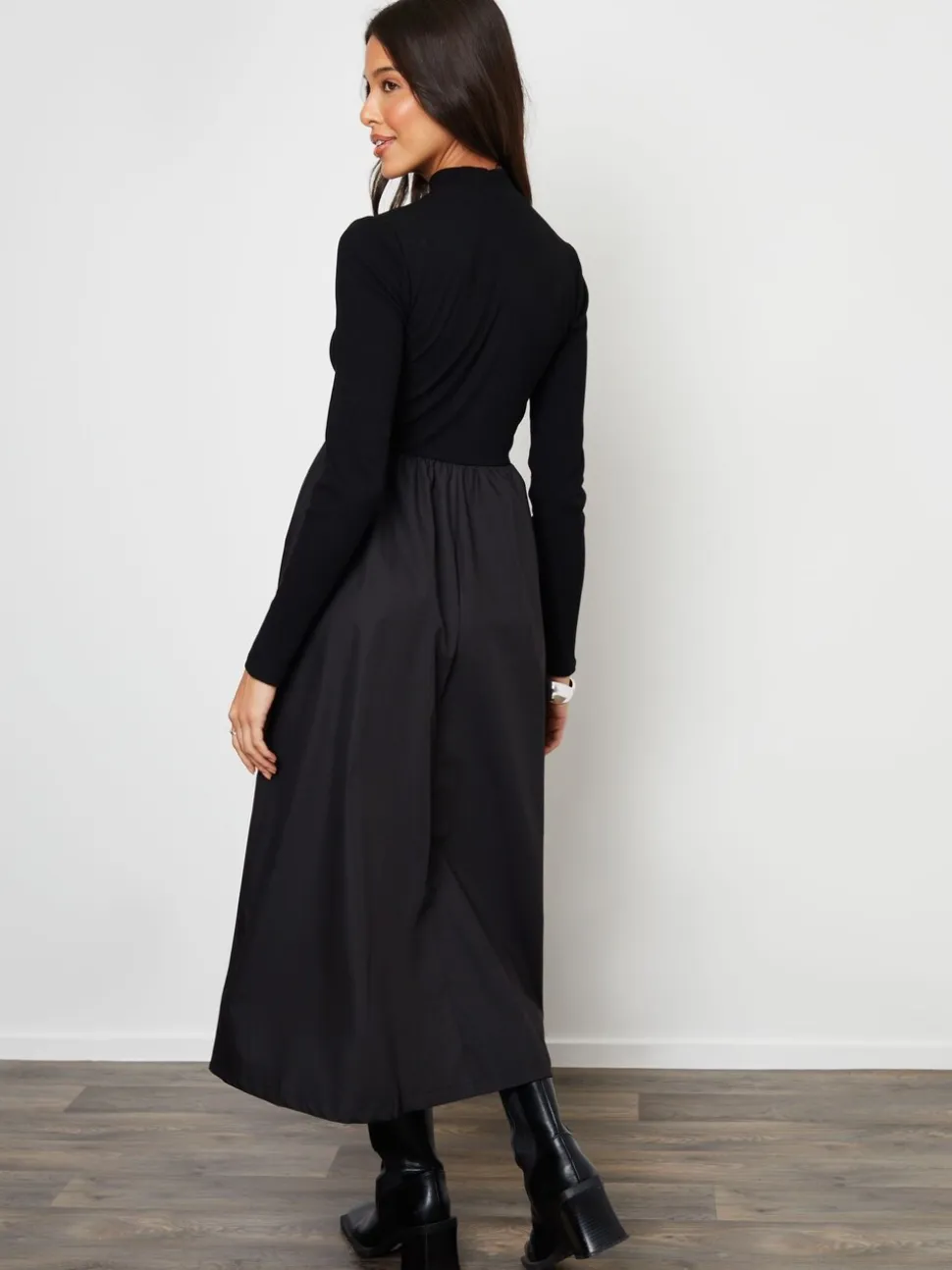 Threadbare Black High Neck 2 In 1 Jersey Poplin Mix Mini Dress