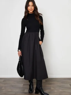 Threadbare Black High Neck 2 In 1 Jersey Poplin Mix Mini Dress