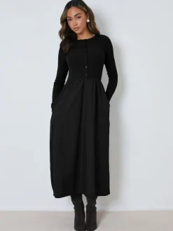 Threadbare Black 2-in-1 Jersey Poplin Mix Button Down Dress