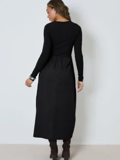 Threadbare Black 2-in-1 Jersey Poplin Mix Button Down Dress