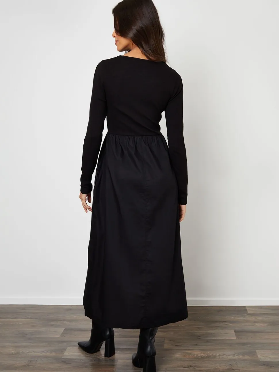 Threadbare Black Rib Jersey 2-In-1 Midi Dress with Poplin Skirt
