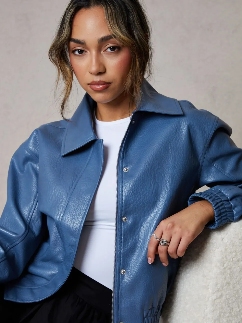 Threadbare Blue Faux Leather Bomber Jacket with Collar