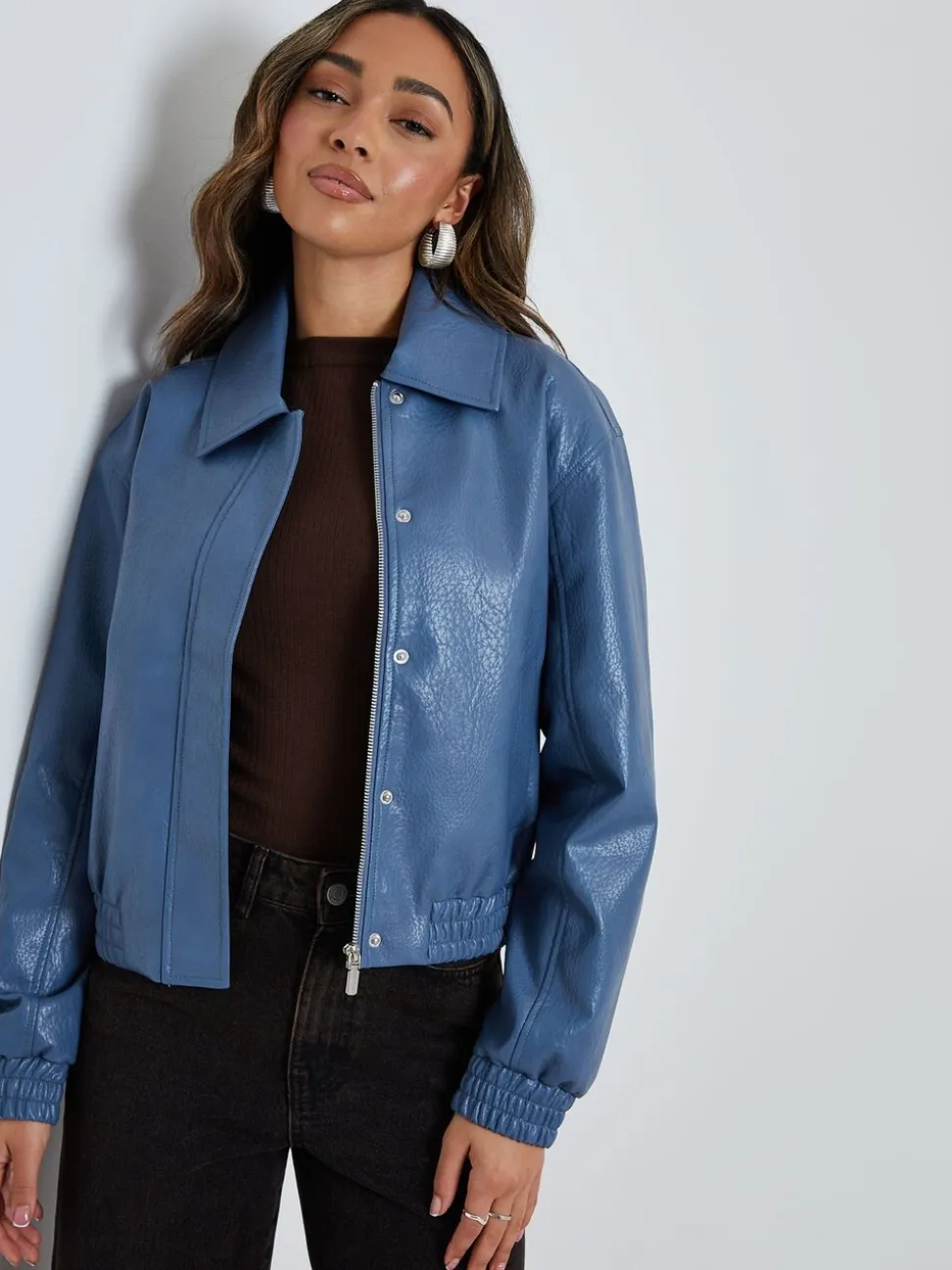 Threadbare Blue Faux Leather Bomber Jacket with Collar
