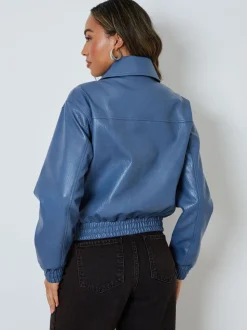 Threadbare Blue Faux Leather Bomber Jacket with Collar