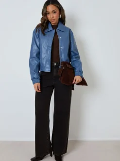 Threadbare Blue Faux Leather Bomber Jacket with Collar
