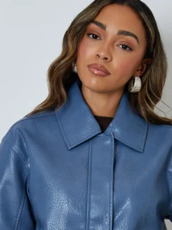Threadbare Blue Faux Leather Bomber Jacket with Collar