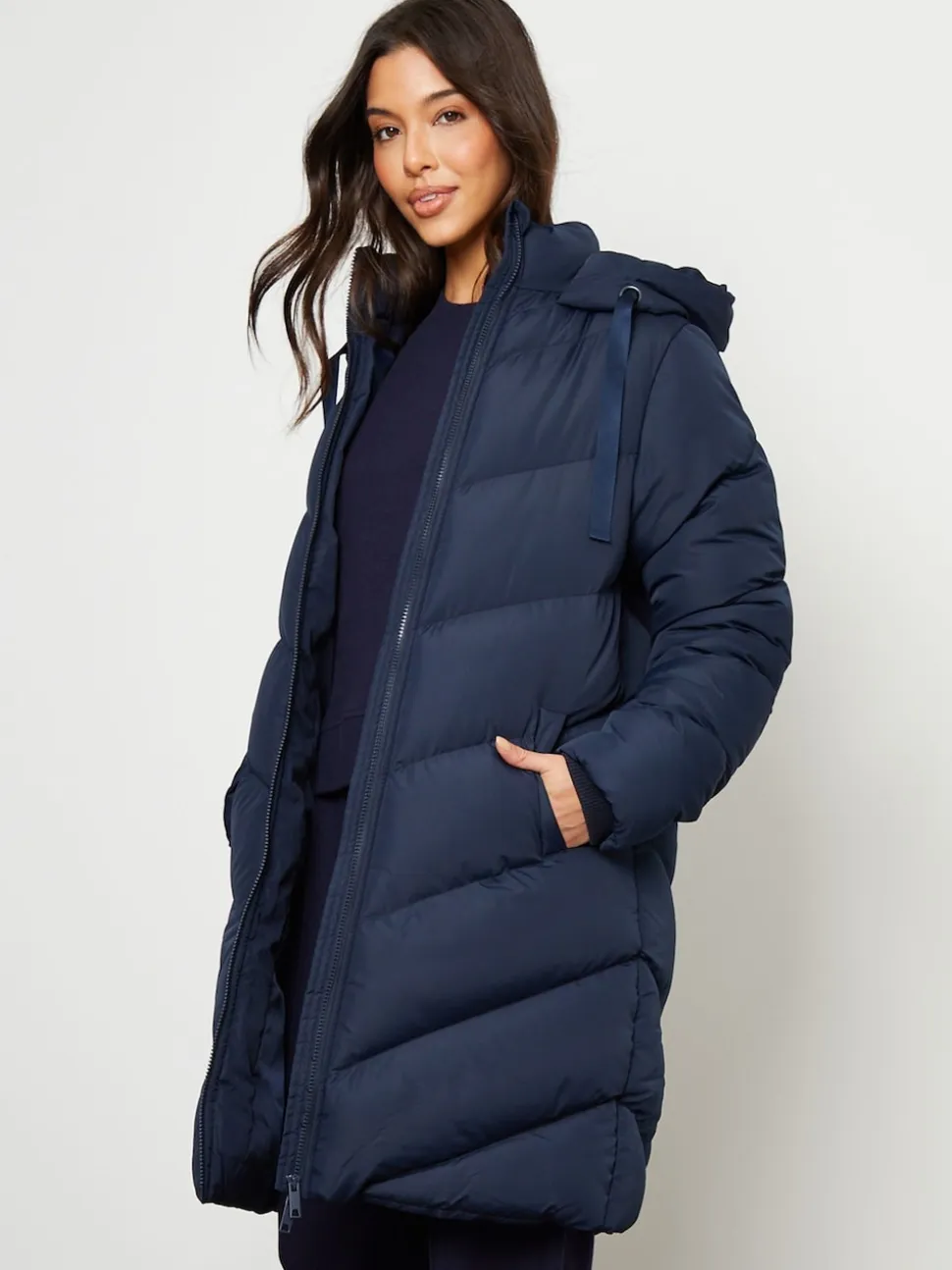 Threadbare Blue Hooded Padded Mid Length Jacket