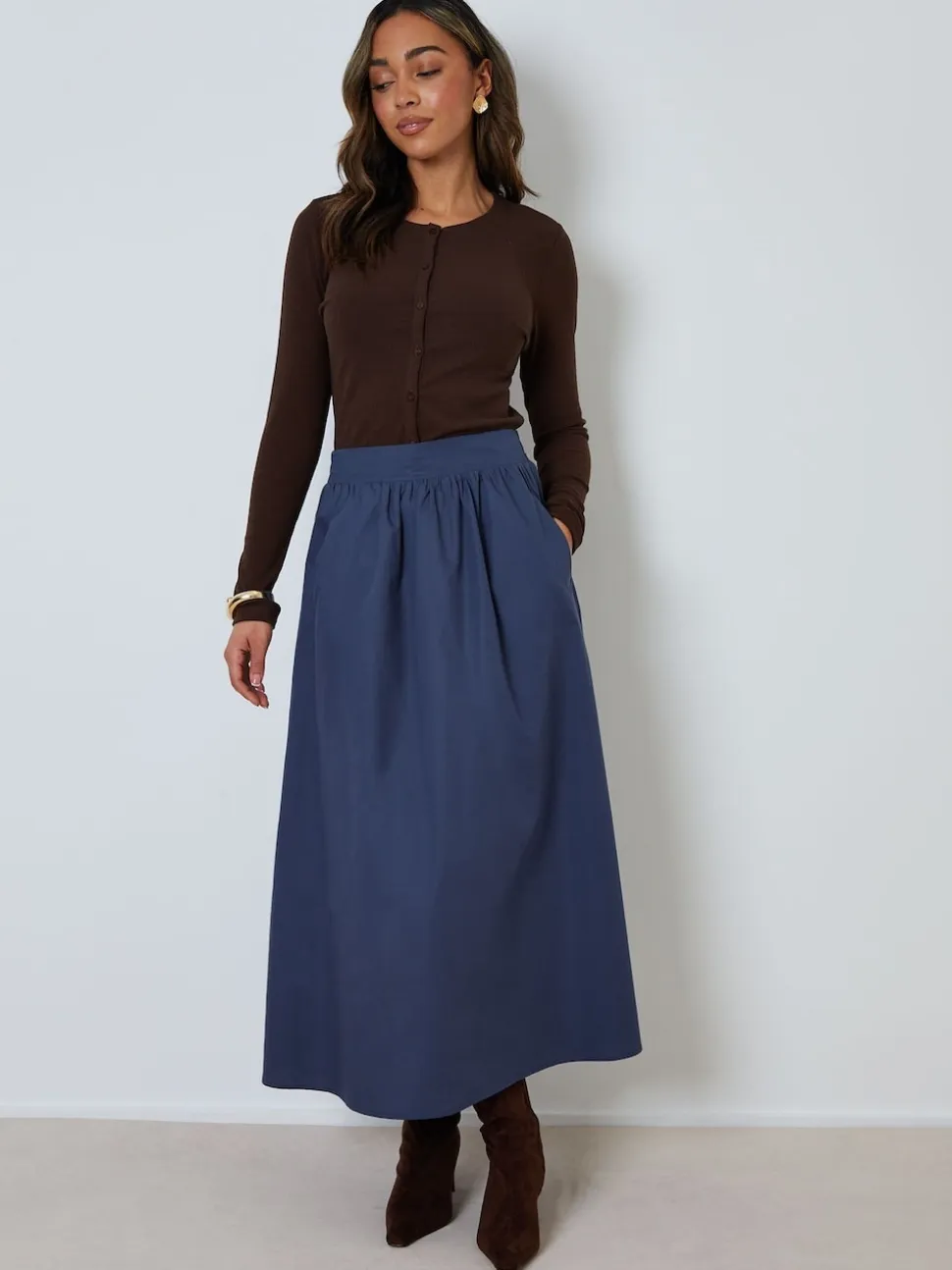 Threadbare Blue Midi Skirt with Pockets