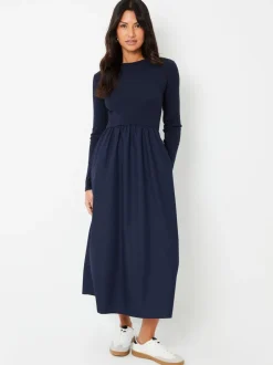 Threadbare Blue Rib Jersey 2-In-1 Midi Dress with Poplin Skirt