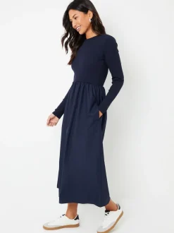 Threadbare Blue Rib Jersey 2-In-1 Midi Dress with Poplin Skirt