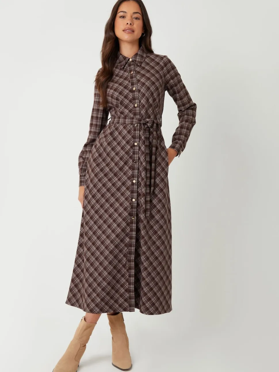 Threadbare Brown Check Belted Midi Shirt Dress