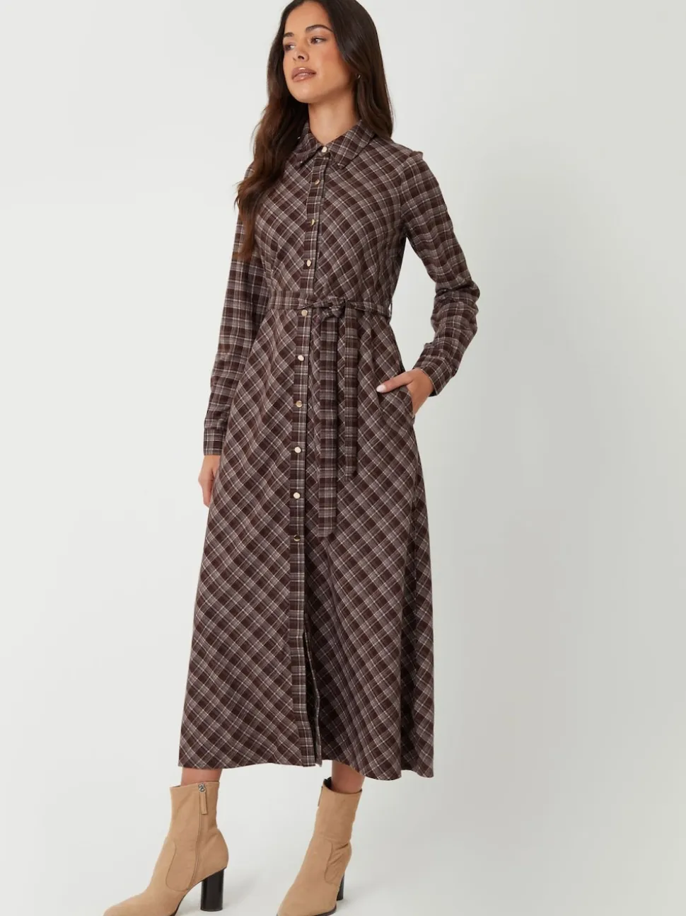 Threadbare Brown Check Belted Midi Shirt Dress