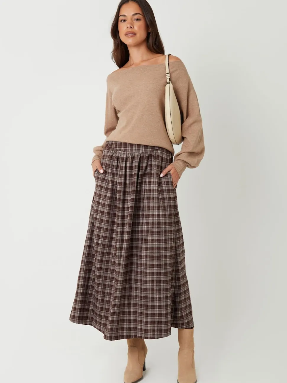 Threadbare Brown Check Pull On Midaxi Skirt