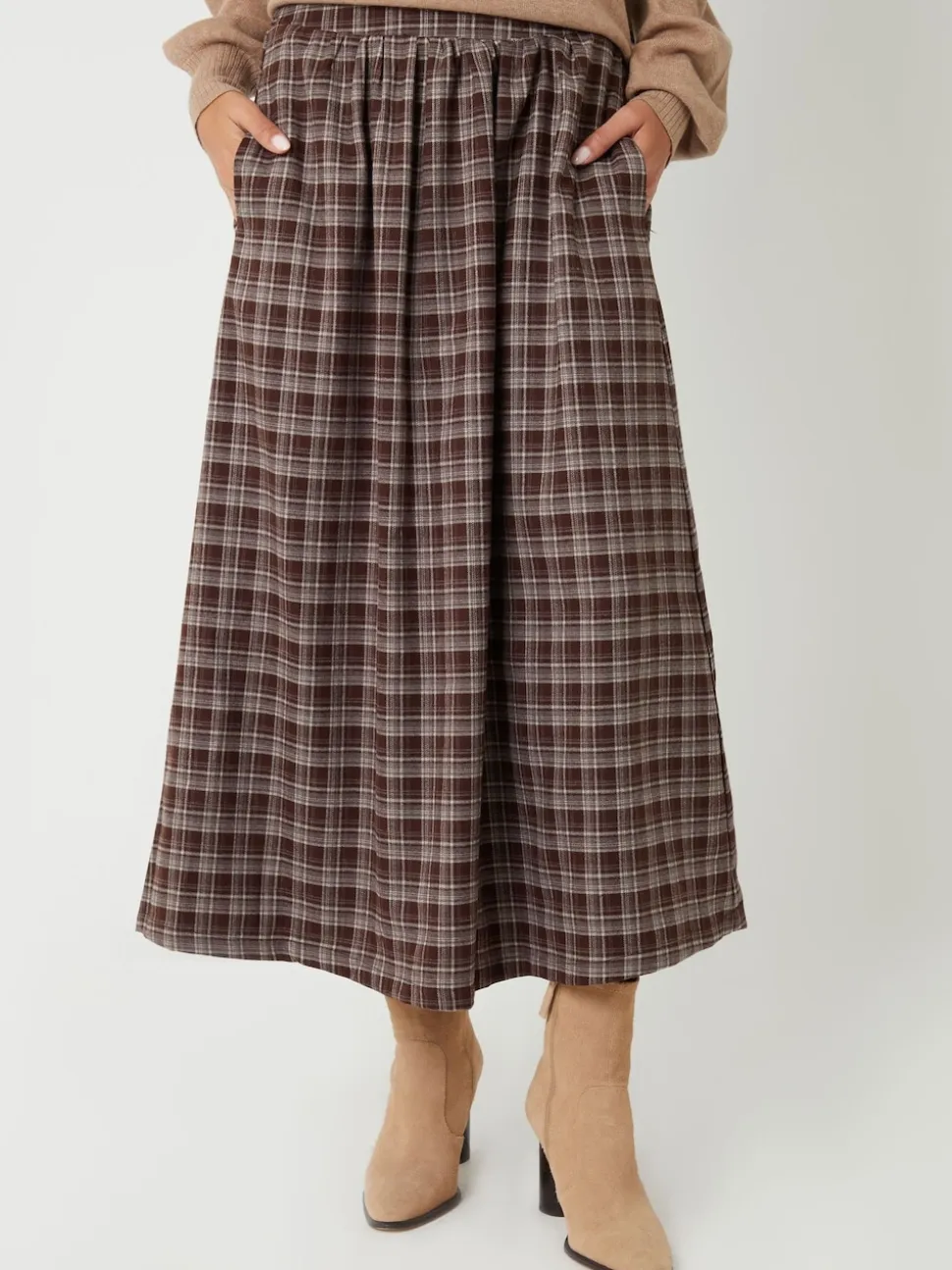 Threadbare Brown Check Pull On Midaxi Skirt