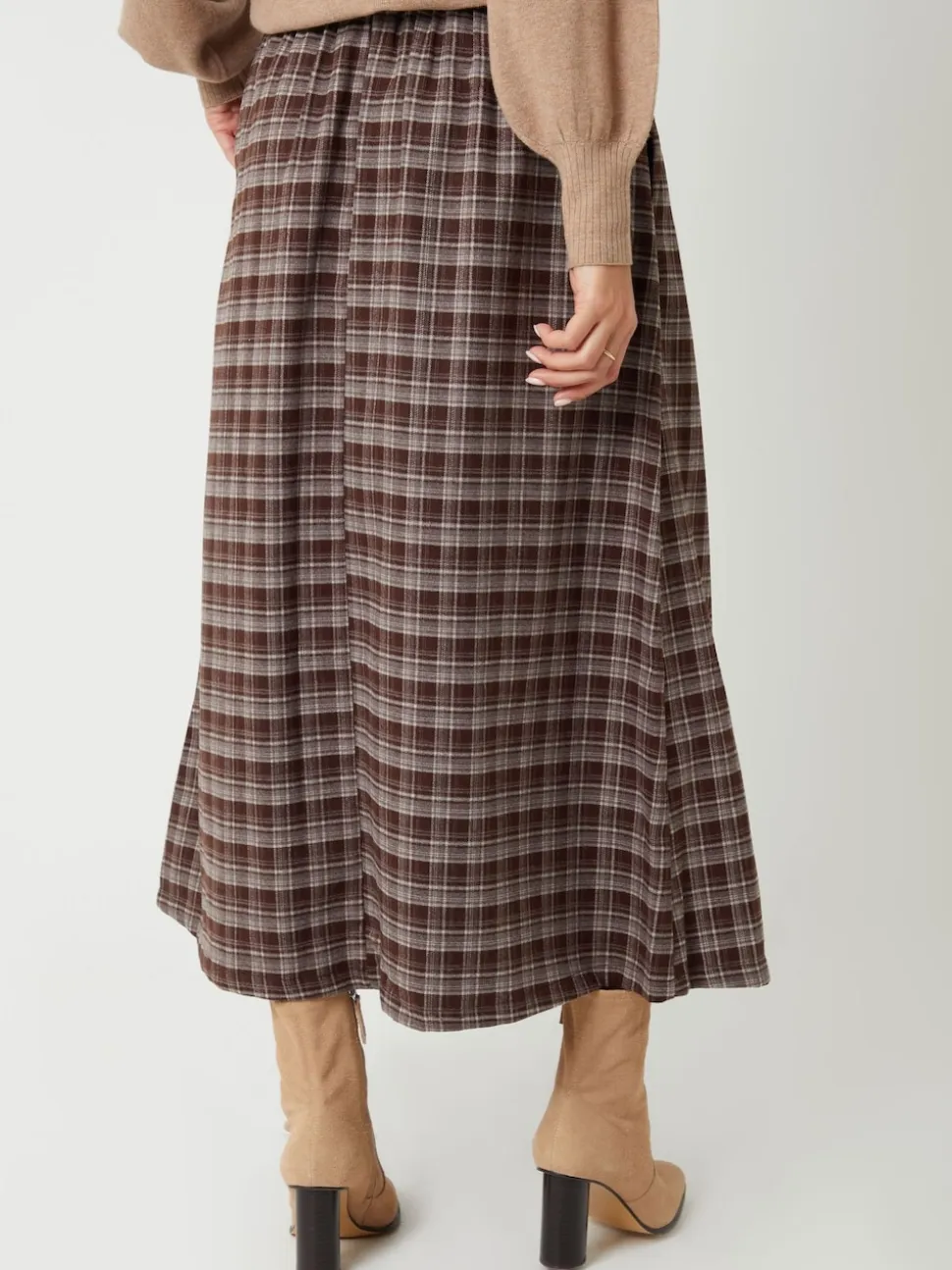 Threadbare Brown Check Pull On Midaxi Skirt