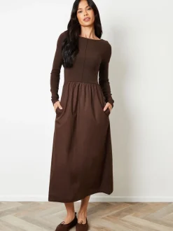 Threadbare Brown 2-in-1 Jersey Poplin Mix Slash Neck Long Sleeve Dress