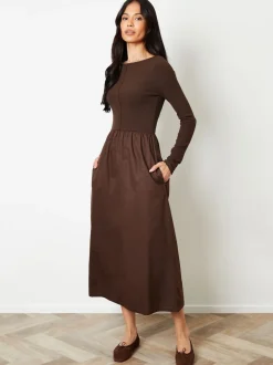 Threadbare Brown 2-in-1 Jersey Poplin Mix Slash Neck Long Sleeve Dress