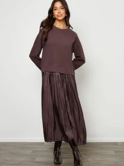 Threadbare Brown 2-In-1 Relaxed Ribbed Sweatshirt Midi Dress