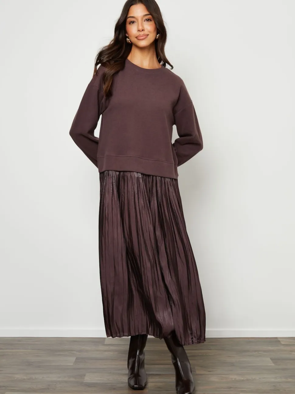 Threadbare Brown 2-In-1 Relaxed Ribbed Sweatshirt Midi Dress