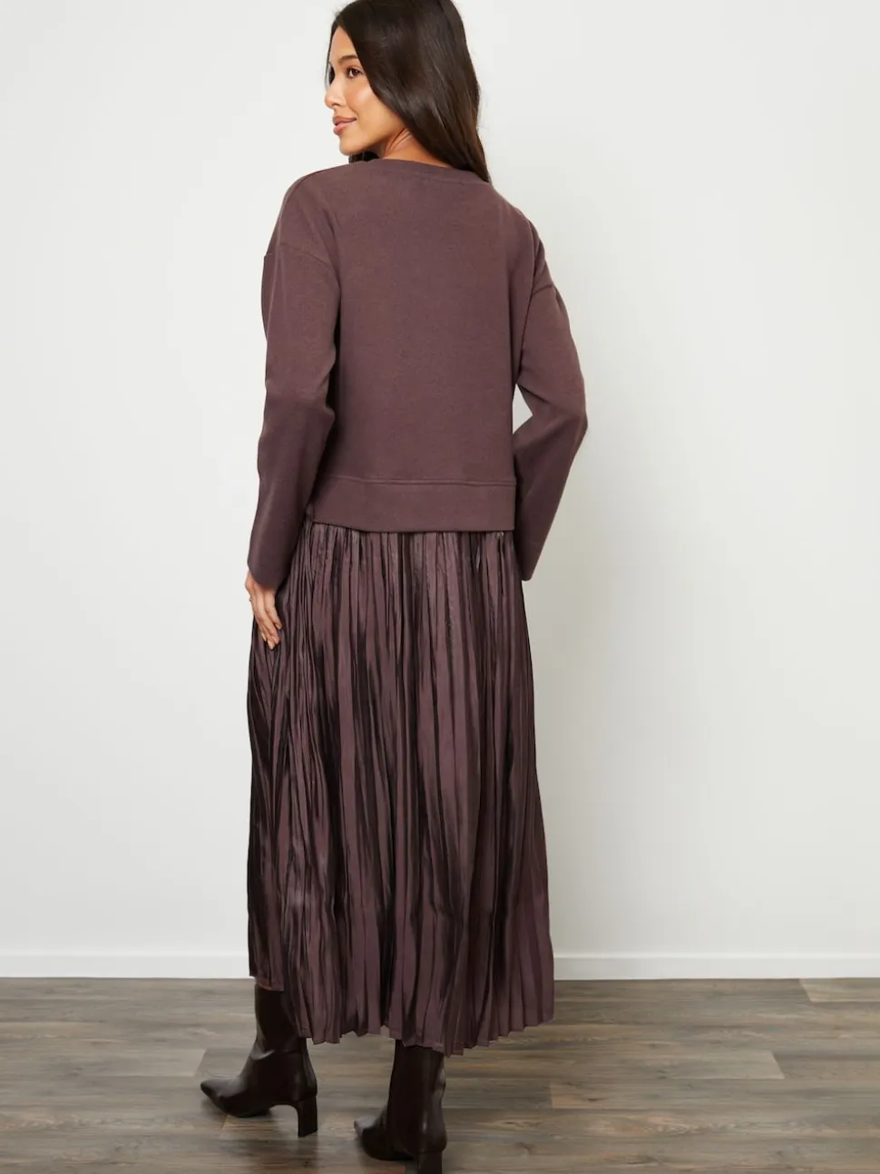 Threadbare Brown 2-In-1 Relaxed Ribbed Sweatshirt Midi Dress
