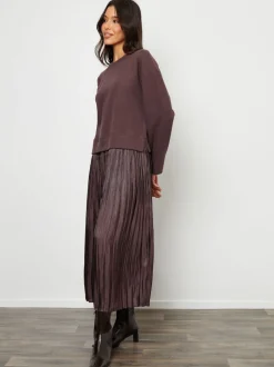 Threadbare Brown 2-In-1 Relaxed Ribbed Sweatshirt Midi Dress