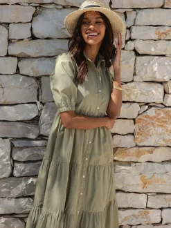 Threadbare Green 100% Cotton Short Sleeve Collared Broderie Maxi Shirt Dress