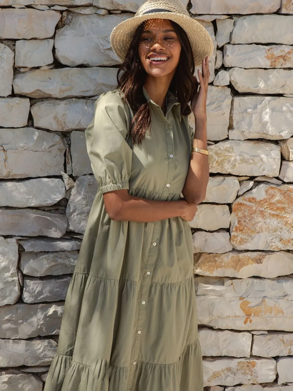 Threadbare Green 100% Cotton Short Sleeve Collared Broderie Maxi Shirt Dress