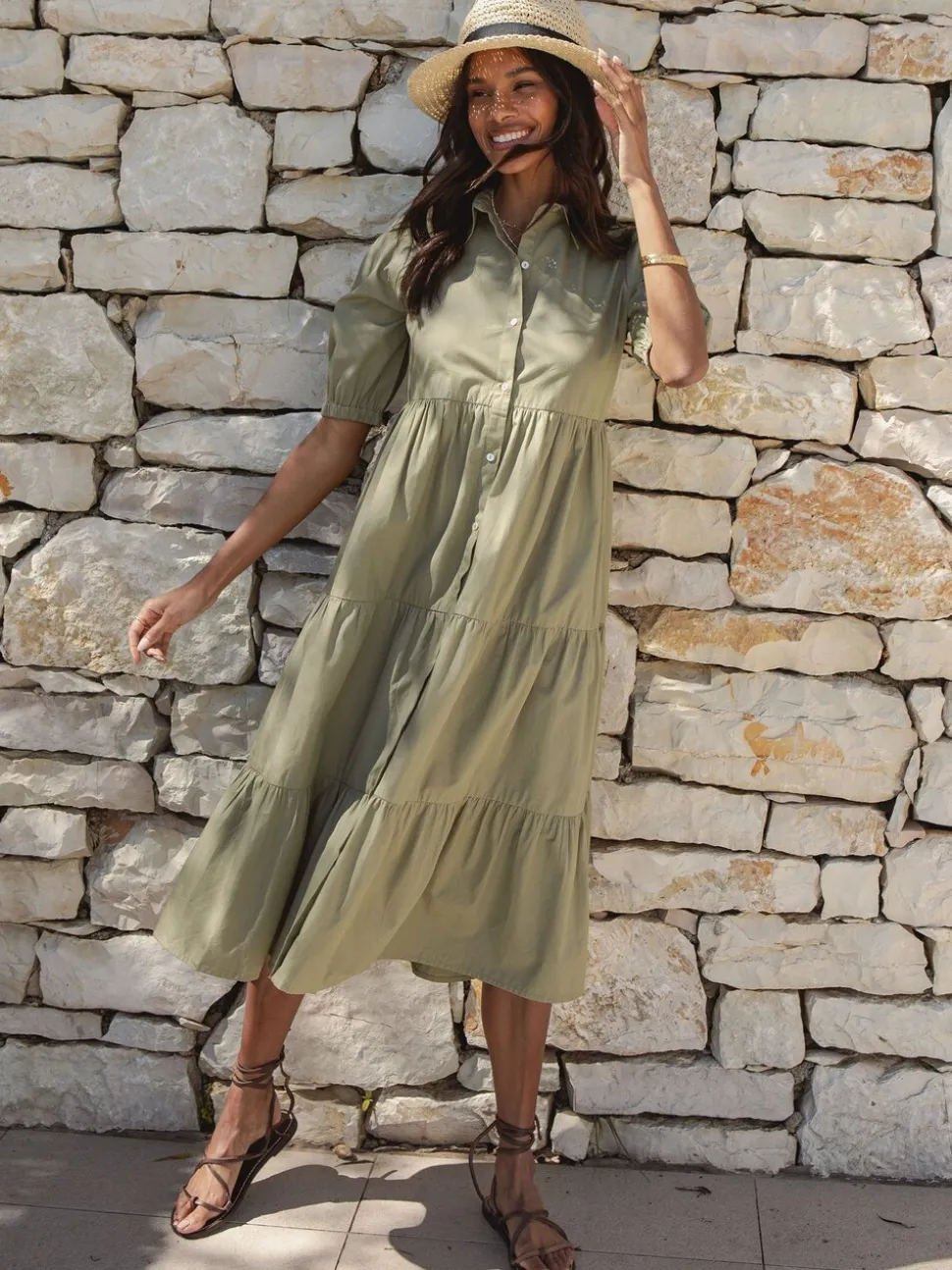 Threadbare Green 100% Cotton Short Sleeve Collared Broderie Maxi Shirt Dress